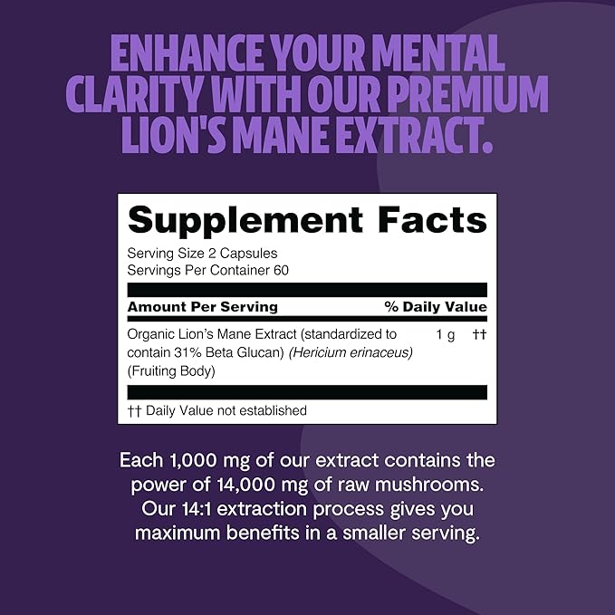 FreshCap Lions Mane Supplement Capsules 14,000mg - Lion's Mane, High Potency Extract, 14:1 Organic Mushroom Supplement, Ayurveda Focus Made in USA (120 Capsules)