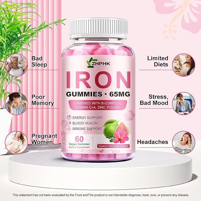 Iron Gummies for Women Men Vitamin Supplement 65mg & Vitamin C 250mg Per Serving with B6 B12 Folate- Energy Support for Iron Deficiency, Anemia, Vegan Guava Hibiscus Flavor, 120 Count