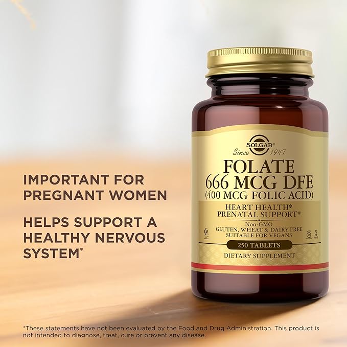 SOLGAR Folate 666 mcg DFE (Folic Acid 400 mcg) - 250 Tablets - Prenatal Support - Non-GMO, Vegan, Gluten Free, Dairy Free, Kosher, Halal - 250 Servings