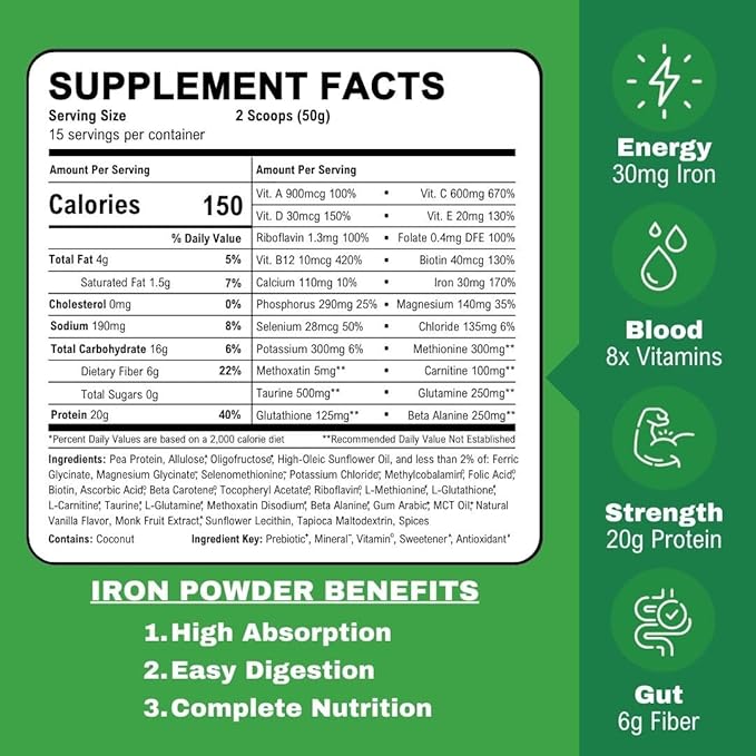 Smart Eats - High Iron Drink & Smoothie Powder with Protein, Vitamins, Fiber, Antioxidants | Support Energy, Hair, Brain, Blood | Gentle, Non-Constipating | Vegan, Keto | Vanilla Flavor | 30 Scoops