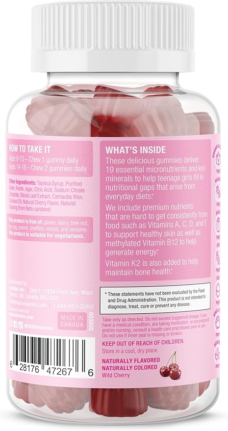 Teen Girl Gummies – Sugar Free Vegetarian Gummy Vitamins Supplement with 19 Essential Nutrients Strengthens Bones, Muscles, Enhances Energy & Skin Health – Cherry Flavor (60 Count)