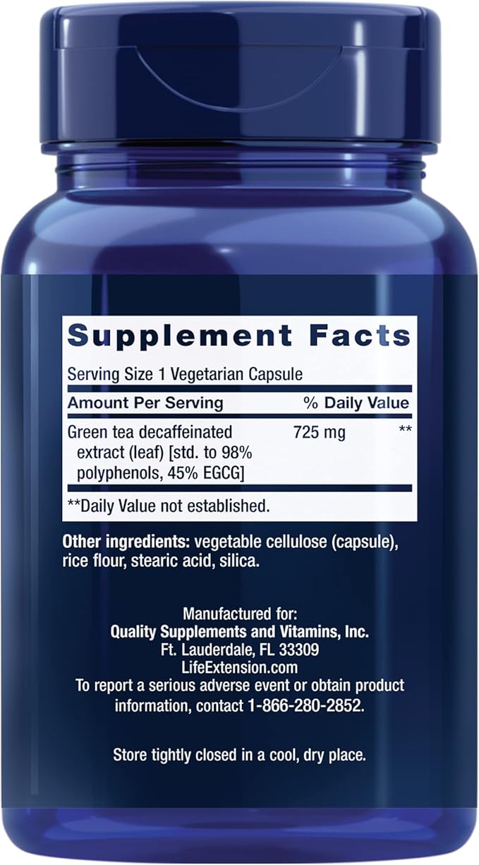 Life Extension Decaffeinated Mega Green Tea Extract – Polyphenol-Rich, Cell Health, Heart Health, Brain Health, Antioxidant Protection – Non-GMO, Gluten-Free, Vegetarian – 100 Capsules
