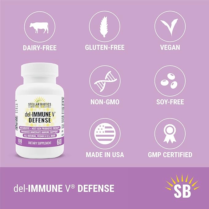 Del-Immune V® Defense by Stellar Biotics, All-Natural Immune Support & Gut Health (+) Immediate Care, Metabiotic: NextGen Probiotic Therapy (60 Caps)
