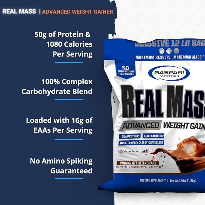 Gaspari Nutrition Real Mass, Advanced Weight Gainer, High Protein, Gycofuse Carbs, and Creatine Monohydrate, Modern Formulation for Mass (12 Pounds, Chocolate Ice Cream)