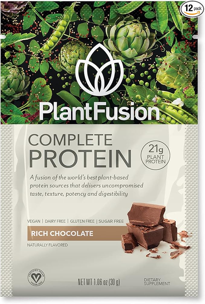 PlantFusion Complete Vegan Protein Powder - Plant Based Protein Powder with BCAAs, Digestive Enzymes and Pea Protein - Keto, Gluten Free, Soy Free, Non-Dairy, No Sugar, Non-GMO - Chocolate Pack of 12