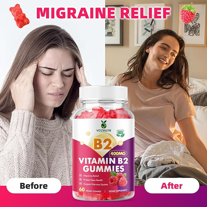 Vitamin B2 Gummies for Kids & Adults, VIT B2 Riboflavin 400mg Supplement with Magnesium for Migraine Relief & Nervous System Support, Non-GMO, Vegan, Raspberry Flavor 60 Count