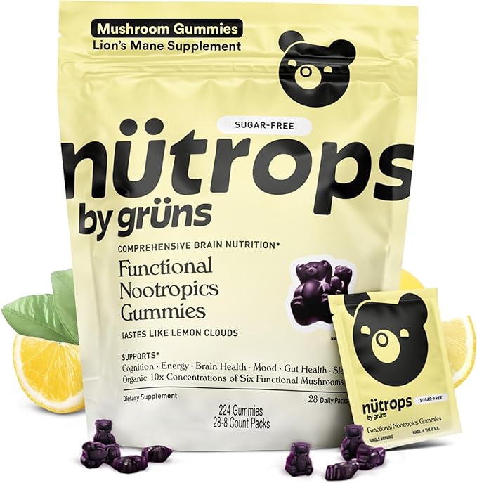 Gruns Nutrops, Sugar-Free Functional Nootropics Mushroom Gummies, Herbal Brain Supplement Gummy for Energy, Brain Health, Mood & Focus - Cordyceps, Lions Mane, Reishi, Maitake, Chaga & Coriolus Blend