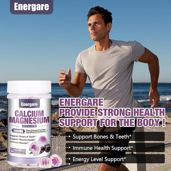 1 Pack Calcium Magnesium Zinc Gummies with Vitamin D3, Sea Moss, Calcium Gummies for Bone, Muscles, Calm Mood Support, Supplements for Kids & Adults, Sugar-Free, Vegan, Elderberry Flavor, 60ct