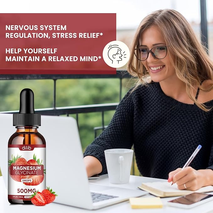Magnesium Glycinate Supplement, Liquid Magnesium Glycinate Liquid Drops 500mg-Support Stress Relief, Relaxation, Mood, Sleep, Bone & Muscle-2 Fl Oz, Vegan, Strawberry Flavor