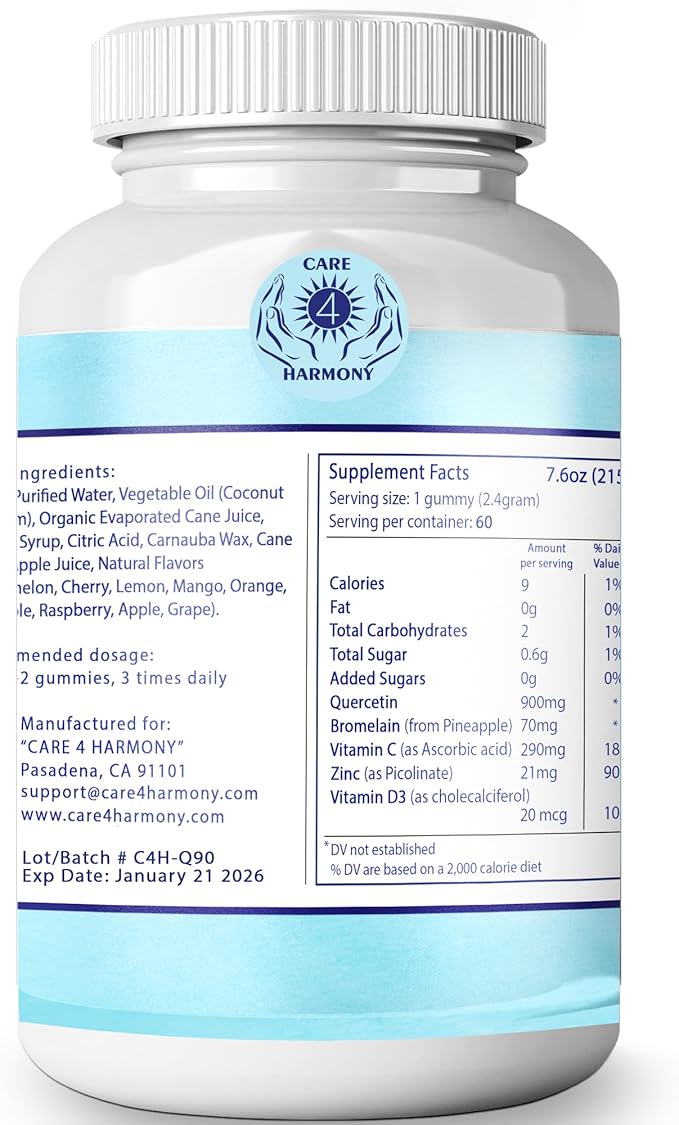 Quercetin Gummies - Quercetin with Bromelain Vitamin C + Zinc Vitamin D3 β Chewable Quercetin 900mg Supplements - Quercetin for Kids and Adults (1)