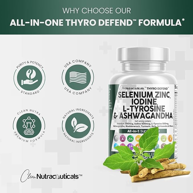 Clean Nutraceuticals Selenium 300mcg Zinc 50mg Iodine 500mcg L Tyrosine 500mg Ashwagandha - Thyroid Support Supplement for Women & Men w/Bladderwrack, Turmeric, Kelp, Schisandra - 60 Capsules
