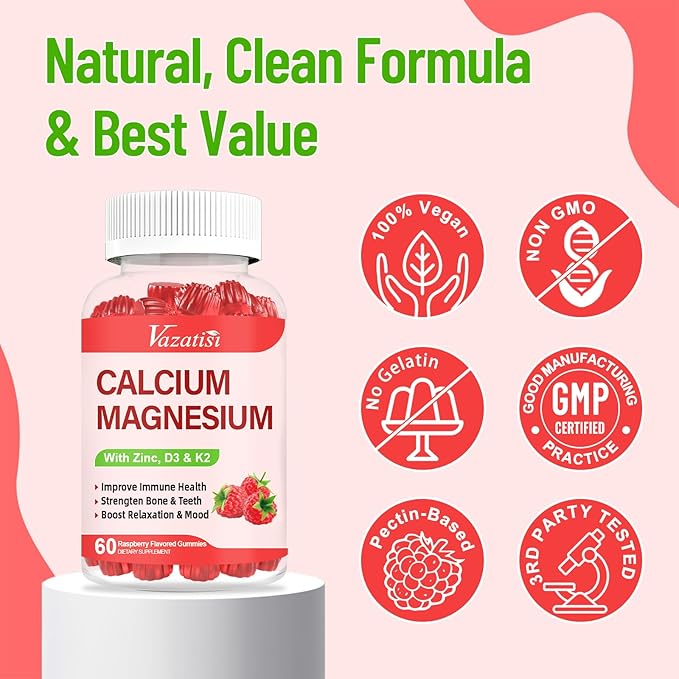 Calcium Magnesium Zinc Gummies with Vitamin D3 & K2, High Absorption Magnesium Glycinate Potassium for Immune and Calm Mood, Raspberry Flavor 120 Gummies