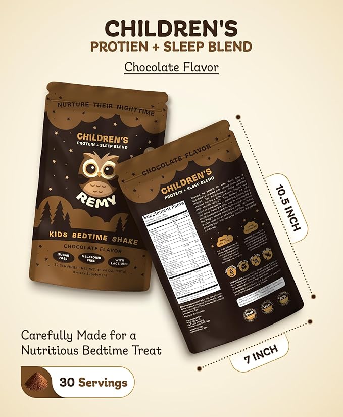 Remy Kids Protein Sleep Aid Supplements, Melatonin-Free Formula, Lactium®, L Theanine, VIT D, B6, Calcium & Herbal Extracts Sleep Aid for Kids, Balanced Nutritional Drink, Non GMO & Preservatives