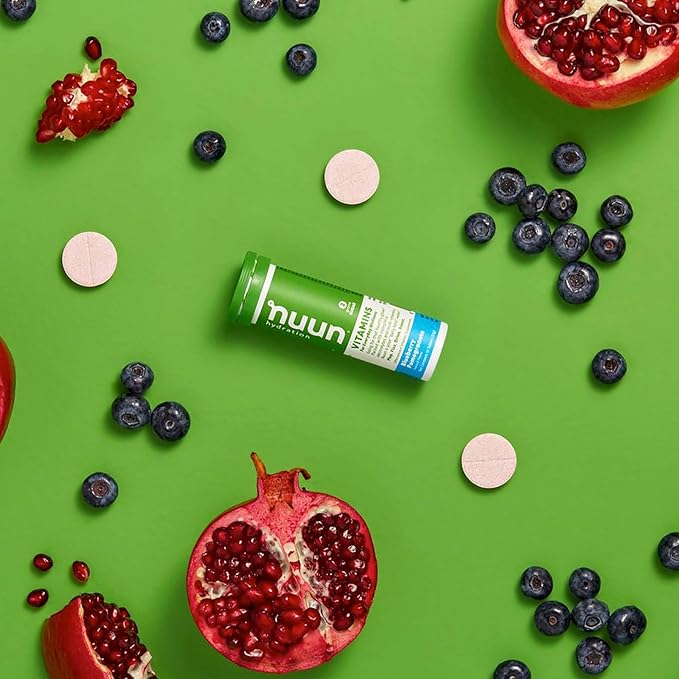 Nuun Hydration Vitamins Electrolyte Tablets, Blueberry Pomegranate, 5 Essential Electrolytes for Hydration + Vitamin A, B6, C, D, E, with Magnesium, Vegan, Non-GMO, 8 Pack (96 Servings)