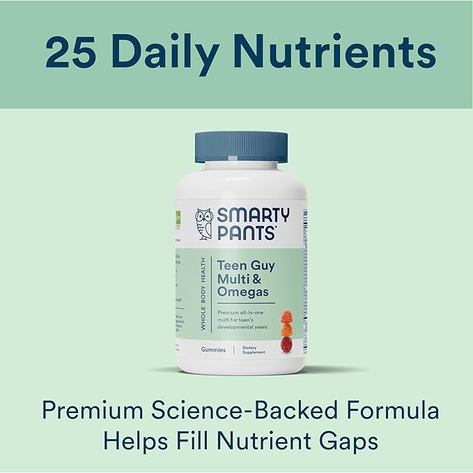 SmartyPants Teen Guy Multivitamin Gummies: Omega 3 Fish Oil (EPA/DHA), Vitamin D3, C, Vitamin B12, B6, Vitamin A, K & Zinc, Gluten Free, Three Fruit Flavors, 90 Count (22 Day Supply)
