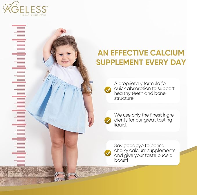 Ageless Liquid Calcium for Kids with Sea Bass Extract, Vitamin D, Zinc, and Magnesium - High Absorption Bone Strength Supplements, Natural Flavor, Gluten-Free - 25 ml (15 Count)