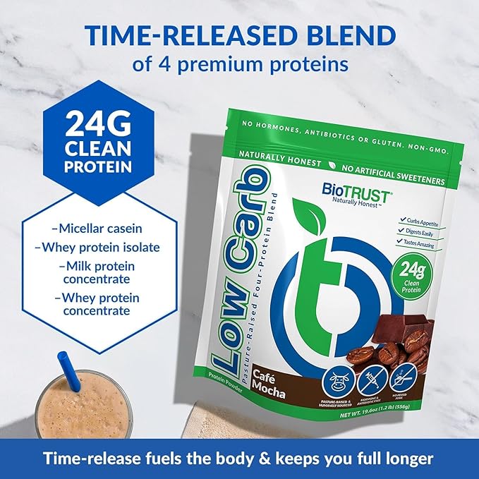 BioTrust Low Carb Protein Powder – Delicious Whey & Casein Blend from Grass-Fed Hormone Free Cows – Non GMO, Gluten Free (Cafe Mocha)