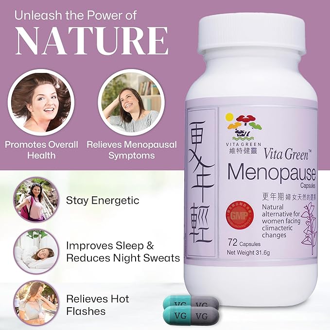 Vita Green Menopause Support Supplement – Natural Relief for Hot Flashes, Night Sweats, and Menopausal Symptoms – Supports Healthy Skin & Hair – 72 Capsules