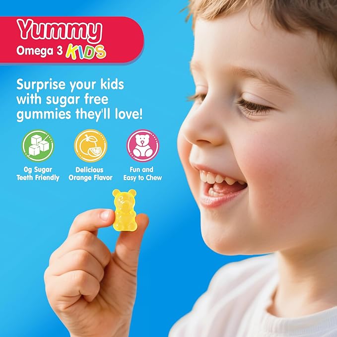 Kids Omega 3 Gummies with Calcium, Vitamin D3 & K2, C, Omega-3 DHA Gummies for Focus and Memory, Bone Health & Immune Support, Kids Omega3 Supplement - No Fish Taste, Non-GMO, Chewable, 60 Counts