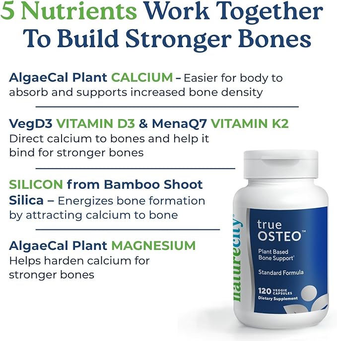 NatureCity True-Osteo Plant-Based Supplement for Bone Strength | AlgaeCal Calcium & Magnesium, Plant-Based Vitamin D3, Vitamin K2, Silicon| Gentle on Stomach (240 Capsules)