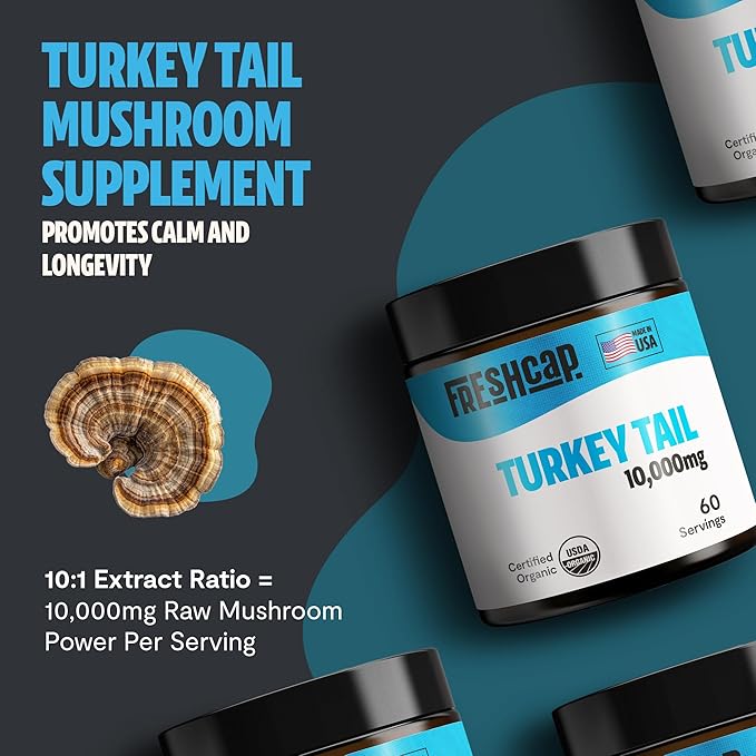 FreshCap Turkey Tail Mushroom Powder 10,000mg - Turkey Tail Supplement Mushroom Extract for Immune Support, Ayurveda Nootropic Supplement (60 Servings)