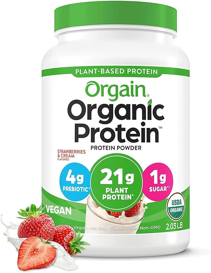 Orgain Organic Vegan Protein Powder, Strawberries & Cream - 21g Plant Based Protein, 4g Prebiotic Fiber, Low Net Carb, No Lactose Ingredients, No Added Sugar, Non-GMO, For Shakes & Smoothies, 2.03 lb