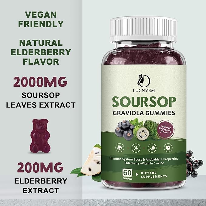 Organic Soursop Graviola Gummies, Soursop Extract with Elderberry Rich in Multivitamin for Natural Antioxidant, Cell Support & Regeneration, Immune Boost and Skin, Vegan- 60 Day Supply
