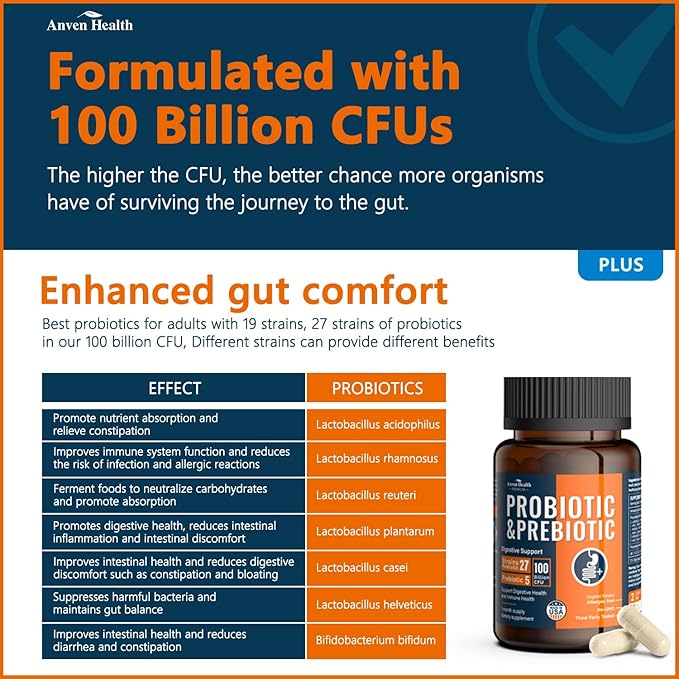 100 Billion Probiotics for Men and Women 27 Strains 5 Organic Prebiotics for Gut Digestive & Immune Health, Supports Diarrhea Gas Bloating, Vegan Probiotic Supplement Formulaไธจ60 Caps