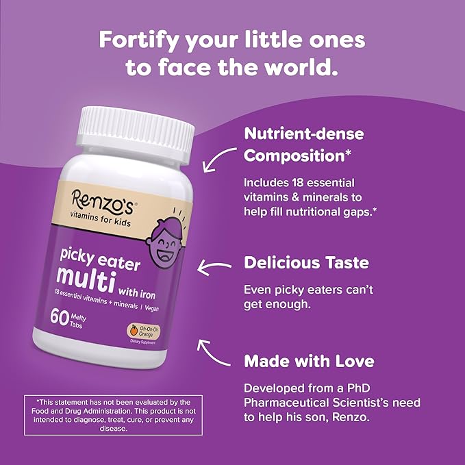 Renzo's Picky Eater Kids Multivitamin with Iron, Dissolving Kids Vitamins with Vitamin D3 and K2 and More, 60 Sugar-Free Melty Tabs, Oh-Oh-Oh Orange Flavor
