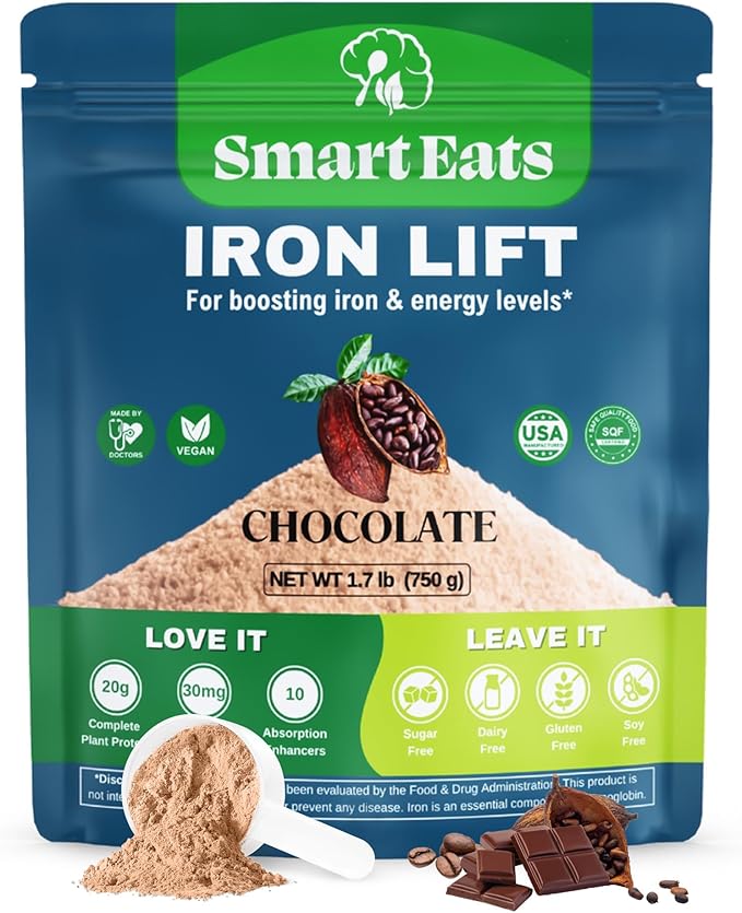 Smart Eats - High Iron Drink & Smoothie Powder with Protein, Vitamins, Fiber, Antioxidants | Support Energy, Hair, Brain, Blood | Gentle, Non-Constipating | Vegan, Keto | Chocolate Flavor | 30 Scoops