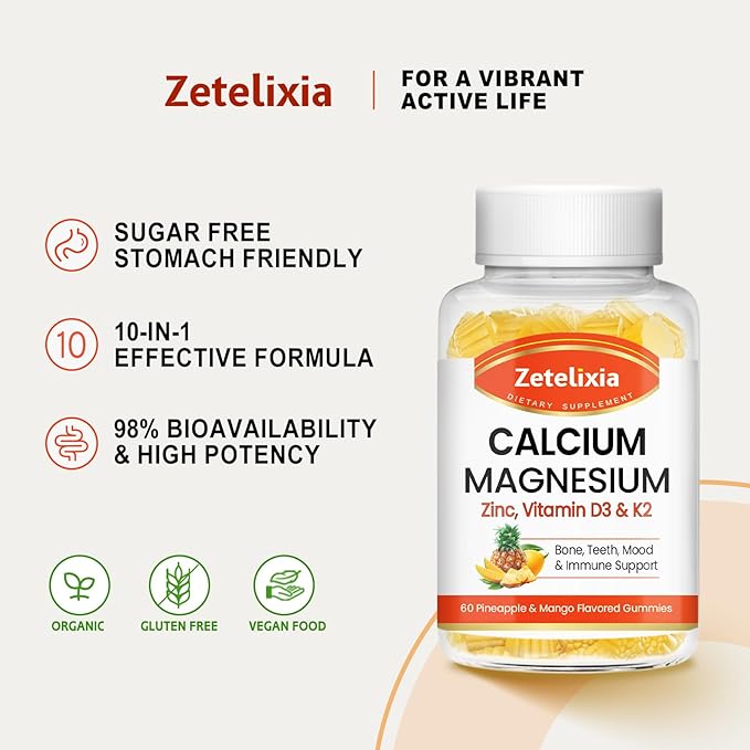 Calcium Gummies for Women Men, Calcium Magnesium Zinc with Vitamin D3 & K2, Calcium Magnesium Supplement for B0nes Muscles, Pineapple & Mango Flavor - 120 Count
