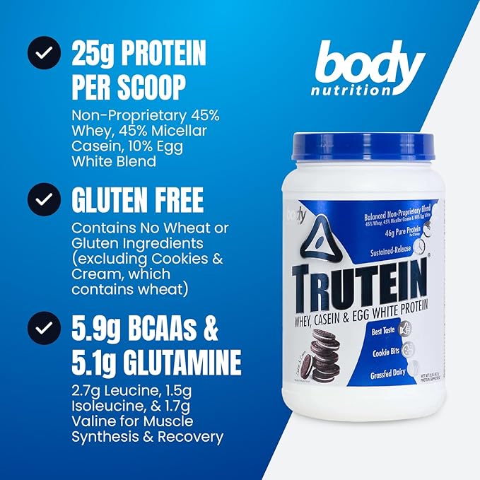 Body Nutrition Trutein High Protein Powder: 45% Whey, 45% Casein, 10% Egg White Protein Shake Mix, Low Sodium, Low Carb Protein Supplement Powder for Men & Women, Cookies & Cream, 2lb