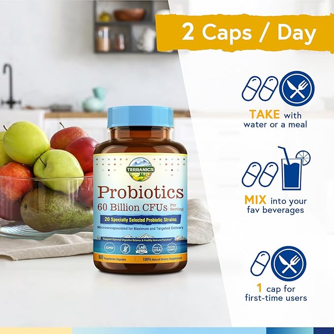 Terranics Probiotics 60 Billion CFU, 20 Strains, 60 Veg Capsules, Prebiotics & Probiotics, Shelf Stable Probiotic Supplement for Men & Women, Digestive & Immune Health, Non-GMO, NO Soy, Dairy & Gluten