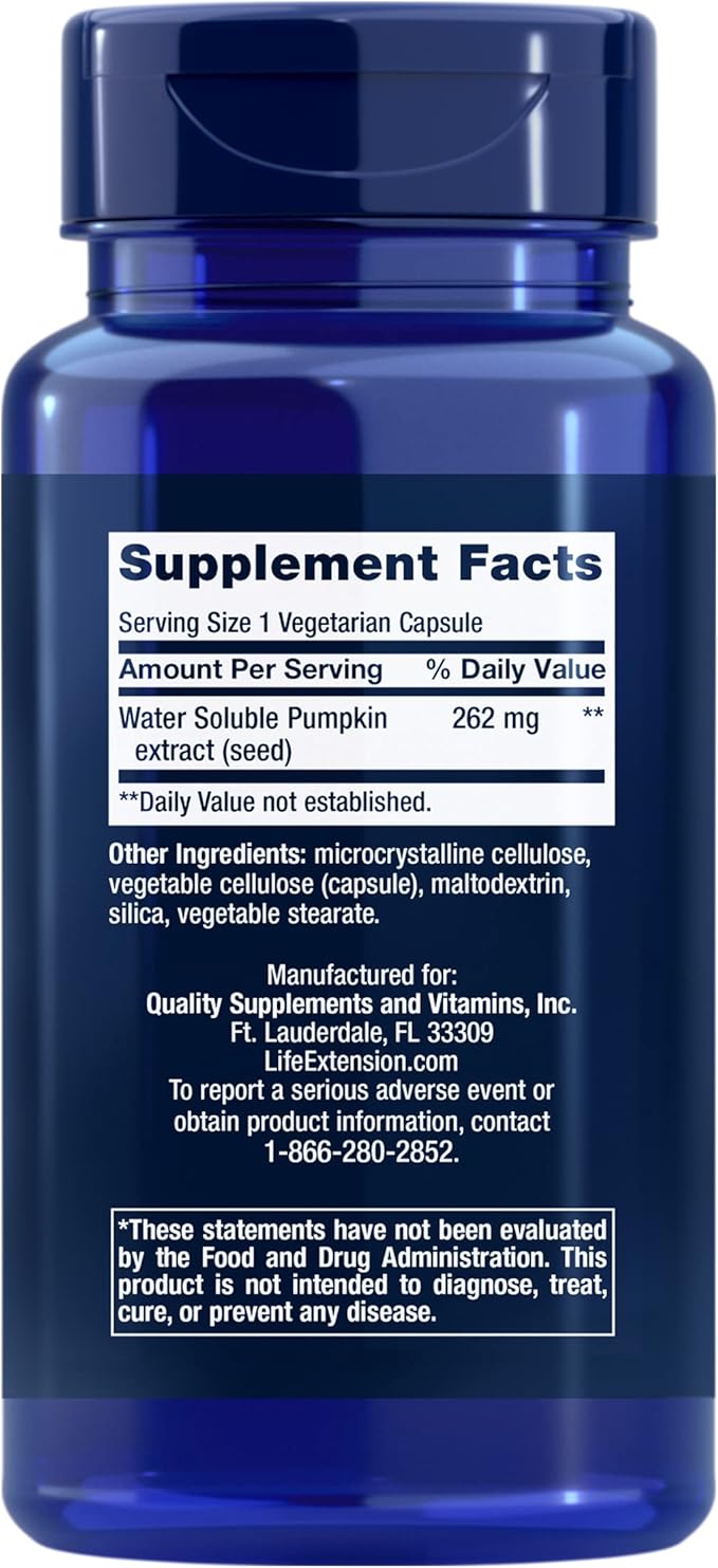 Life Extension Water-Soluble Pumpkin Seed Extract, Promotes Prostate & Urinary Tract Health, Bladder Health Support, Men, Women, Gluten-Free, Non-GMO, Vegetarian, 60 Capsules