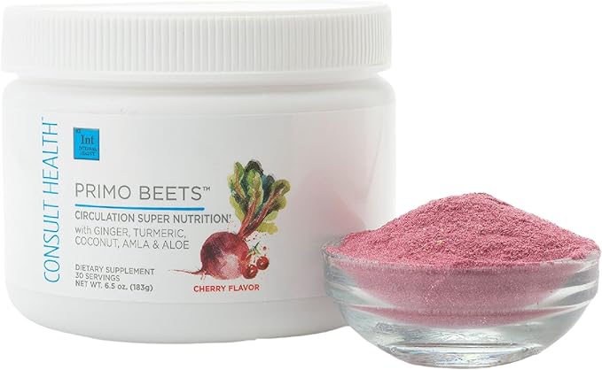 Consult Health Primo Beets - Beet Root Powder Drink Mix with Electrolytes - Nitrates to Support Circulation - Energy Boost - Ginger & Turmeric - for Men & Women - Cherry Flavor - 30 Servings