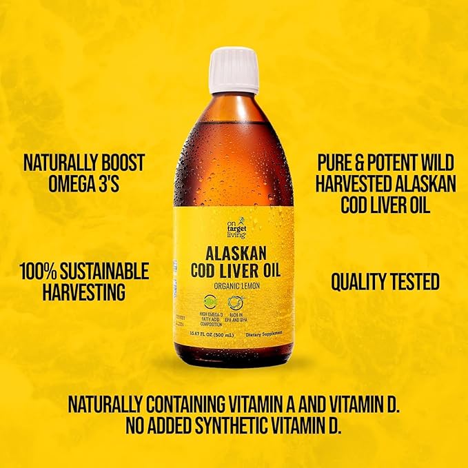 On Target Living Alaskan Cod Liver Oil Organic Lemon Flavor 16.67 oz (2-Pack) | Line Caught in The USA | Naturally Occurring Vitamin D | Rich in Omega 3 DHA/EPA | Non-GMO Project Certified