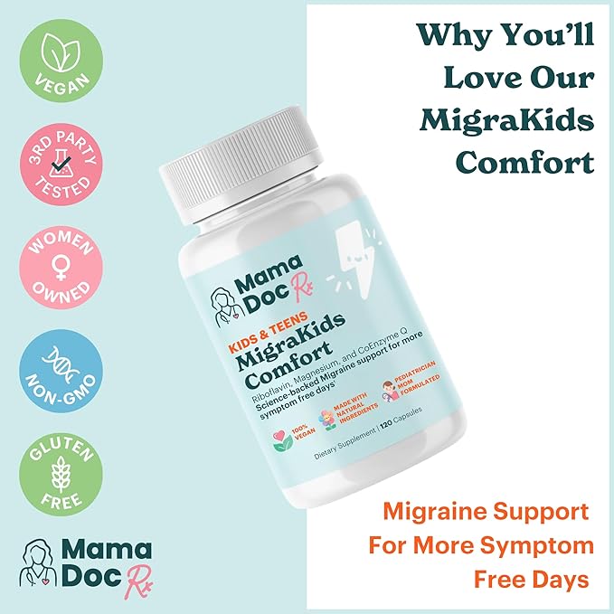 MigraKids Comfort | Riboflavin, Magnesium & CoEnzyme Q10 | Pediatric Science-Backed Migraine Support | Kids and Teens, Ages 6+ | 120 Capsules