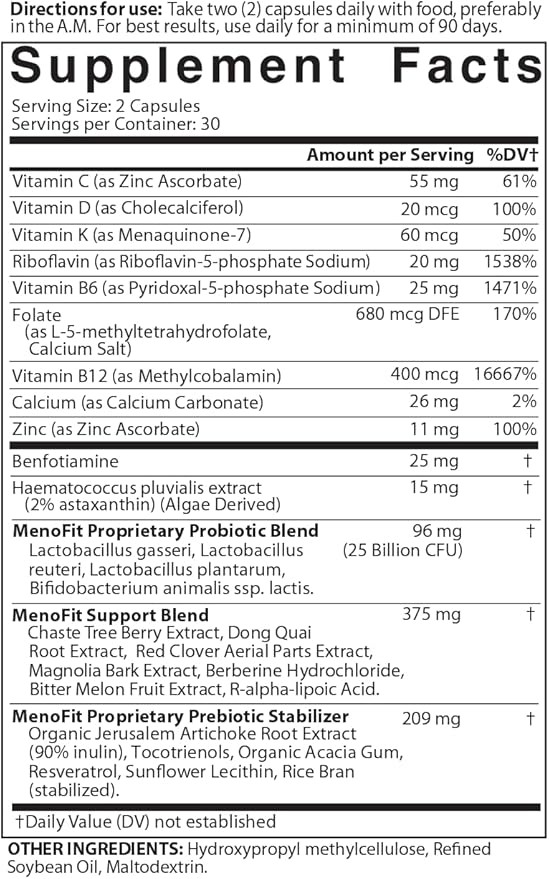 MENOLABS MenoFit, Menopause Supplements for Women - 60 Capsules - Advanced Women’s Probiotic with Vitamins and Red Clover for Gut Health, Hot Flashes and Hormone Balance for Women