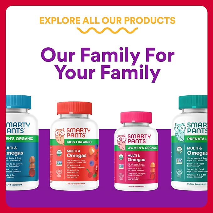 SmartyPants Organic Toddler Multivitamin Gummies: Probiotics, Omega 3 (ALA), Vitamin D3, C, Vitamin B12, B6, A, K & Zinc, Beta Carotene, Gluten Free, Three Fruit Flavors, 60 Count (30 Day Supply)