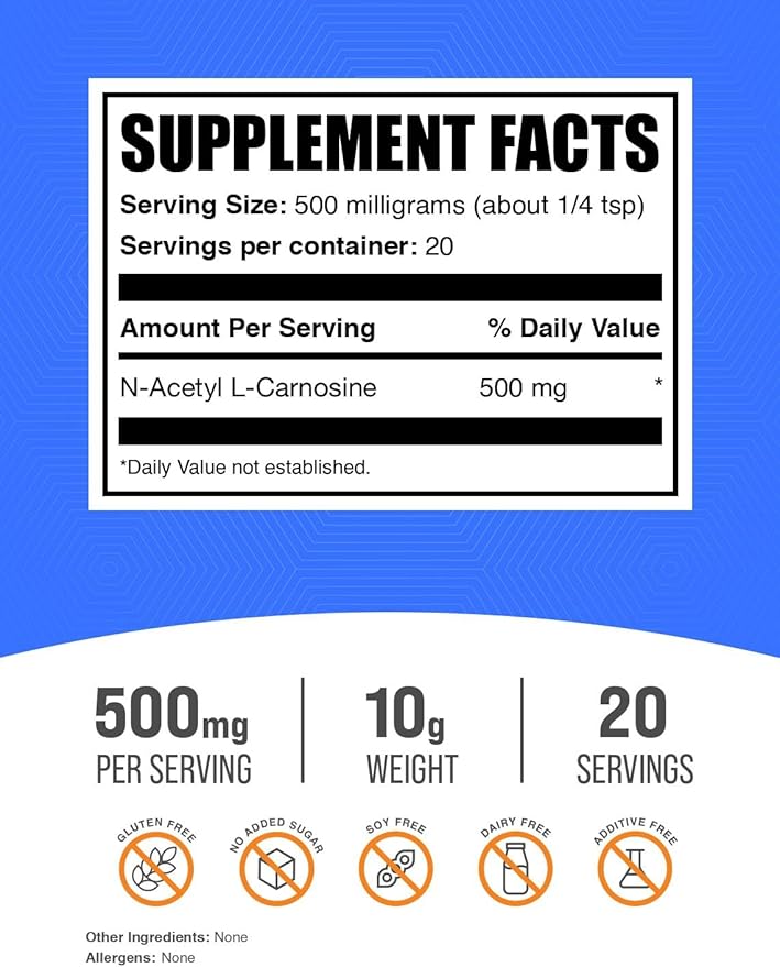 BulkSupplements.com N-Acetyl L-Carnosine Powder - Carnosine Supplement, N-Acetyl Carnosine 500mg - Gluten Free, 500mg per Serving, 10g (0.35 oz) (Pack of 1)