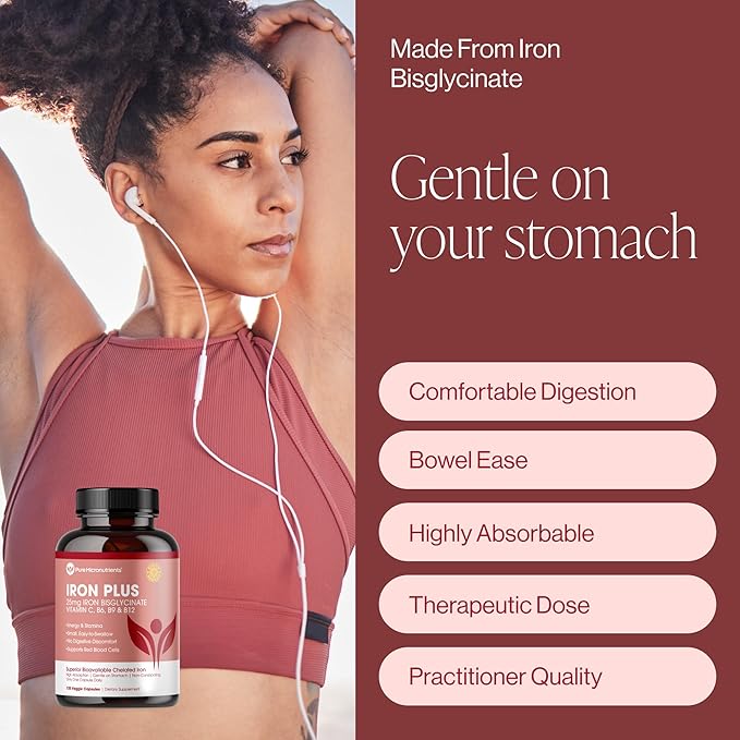 Iron Supplement for Women & Men, Natural Ferrous Chelate, Bisglycinate 25mg + Vitamin C, B6, B12, Folic Acid - IronPills for Iron Deficiency & Energy Support - 120 Count