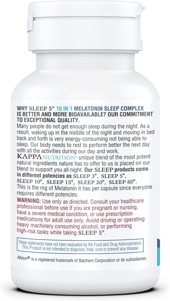 KAPPA NUTRITION Sleep 5, Sleep Aid, 5mg of Melatonin, 60-Day Supply, Non-Habit Forming Vegan Capsules Natural Ingredients for Easier Bedtime, Herbal Supplement, Valerian Root, Chamomile Non-GMO
