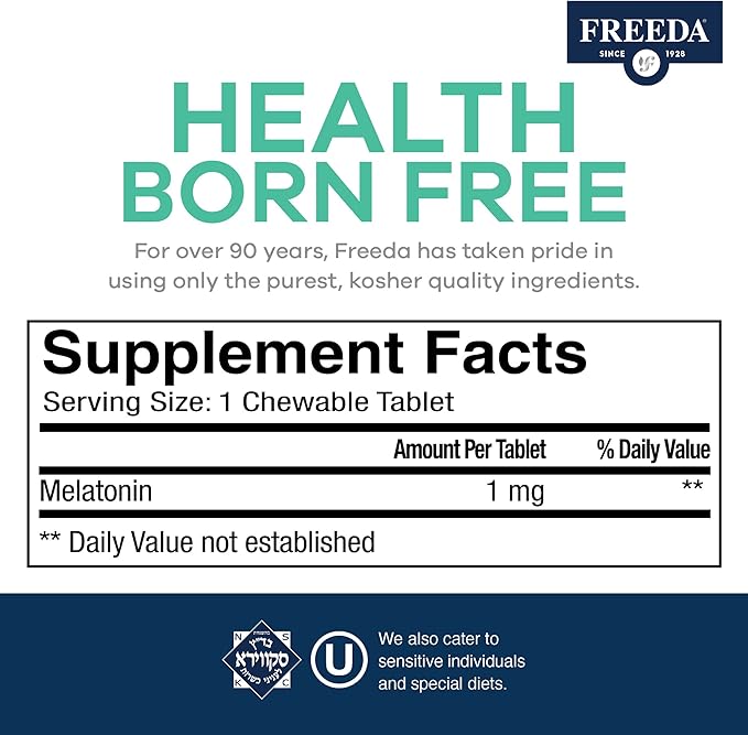 FREEDA Melatonin 1mg Sugar-Free Chewables – Gentle Sleep Aid for Adults & Kids – Vegan, Kosher, Gluten-Free, Non-GMO, Travel-Friendly – 90 Tablets