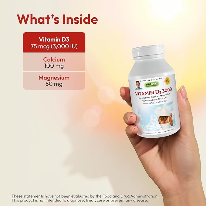 ANDREW LESSMAN Vitamin D3 3000 IU 720 Capsules - High Potency, Essential for Calcium Absorption, Supports Bone Health, Healthy Muscle Function, Immune System, More. Small Easy to Swallow Capsules