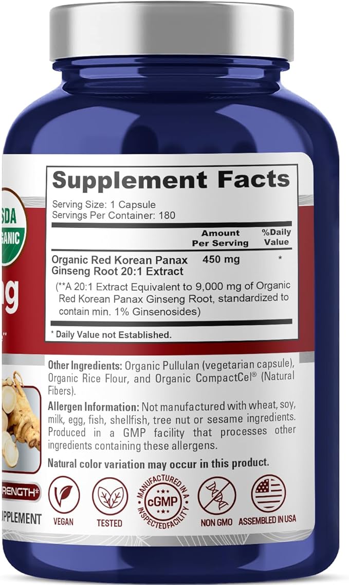 NusaPure Red Korean Panax Ginseng 9,000mg 180 Veggie Caps (USDA Organic, Non-GMO, Extract 20:1)