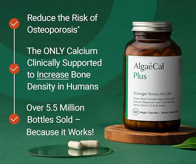 ALGAECAL Plus - Organic Red Algae Calcium Supplement for Women, Vitamin K2 (100mg), Vitamin D3 (1600 IU), Magnesium (350mg) & Trace Minerals, for Improved Bone Strength, Easy to Swallow, 120 Veg Caps