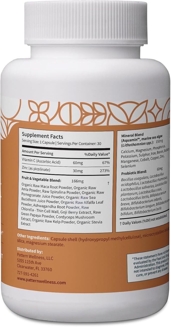 Pattern Wellness Zinc Complex Supplement - High Absorption Zinc with Vitamin C + Probiotics - All-in-One Immune Support - 3rd Party Lab Tested - 30 Vegan Capsules