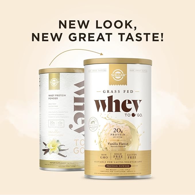 SOLGAR Grass Fed Whey to Go, Vanilla - 11.9 oz, Pack of 2 - Grass-Fed Whey Protein Powder - rBGH Free, Non-GMO, Gluten Free - 26 Total Servings