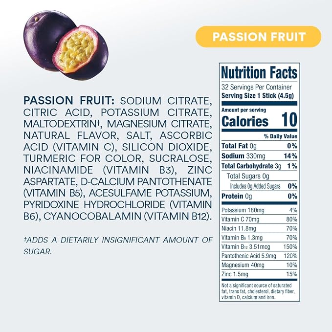 DripDrop Hydration - Zero Sugar Passion Fruit - Electrolyte Drink Mix Single Serve Hydration Powder Packets | Non-GMO, Gluten Free, Vegan | 32 Sticks