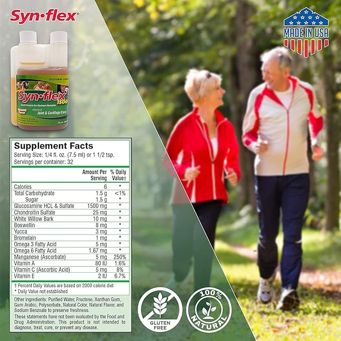 1500mg Liquid Glucosamine & Chondroitin - High Concentration Fast-Absorbing Formula Orange Flavor Helps Support Joint & Cartilage Health - with White Willow Bark, Manganese & Boswellin (32 Day Supply)